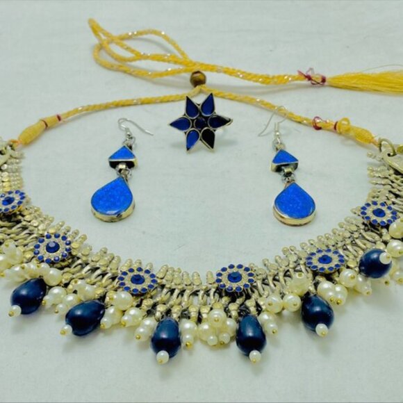Silver Kuchi Jewelry Set With Blue Glass Stones, Vintage Boho Kuchi Handmade Tri - Picture 14 of 15